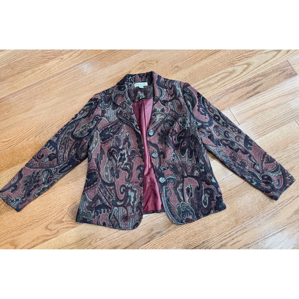 Coldwater Creek Womens PM Petite Paisley Tapestry Blazer Jacket Burgundy Teal